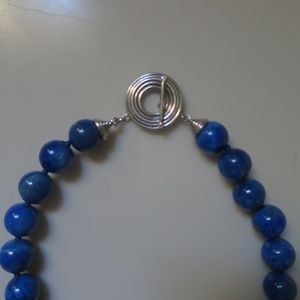 GORGEOUS! LAPIS LAZULI 12MM BEAD NECKLACE W/STYLIZED SS TOGGLE CLOSURE
